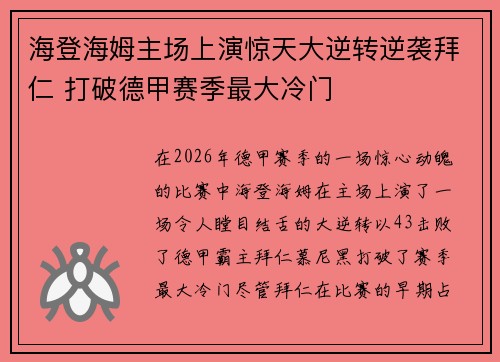 海登海姆主场上演惊天大逆转逆袭拜仁 打破德甲赛季最大冷门