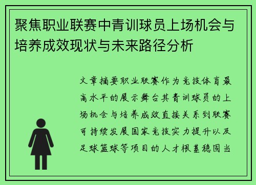 聚焦职业联赛中青训球员上场机会与培养成效现状与未来路径分析 聚焦职业联赛中青训球员上场机会与培养成效现状与未来路径分析
